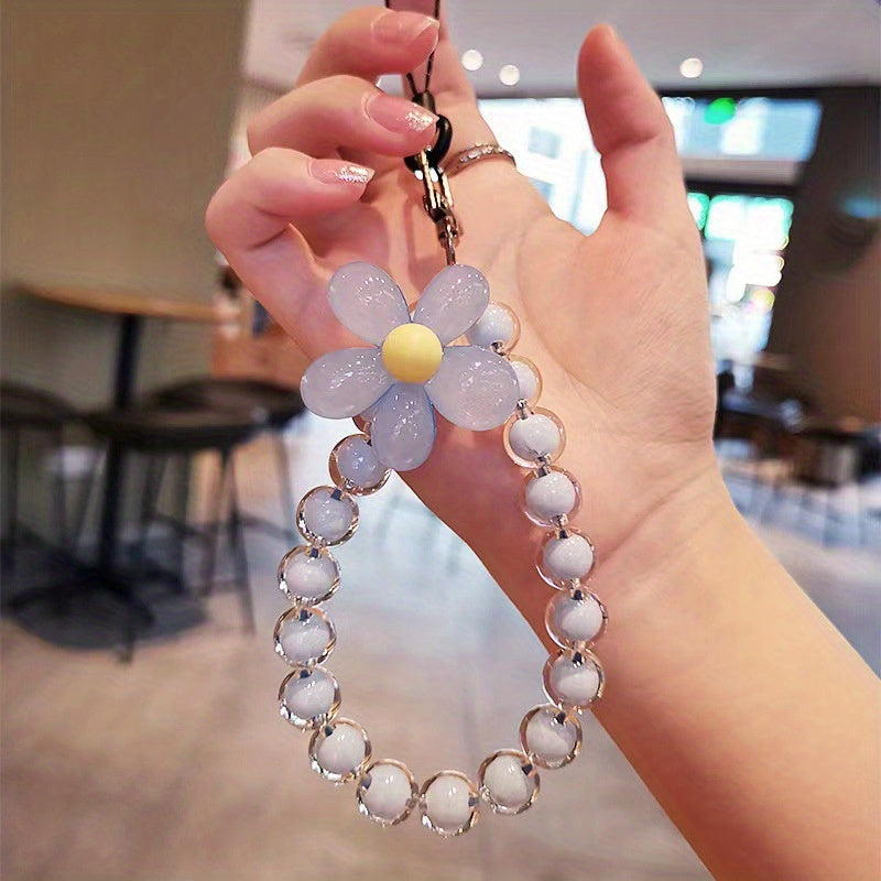 Handmade Flower Macaron Colorful Beaded Wrist Strap Mobile Phone Lanyard
